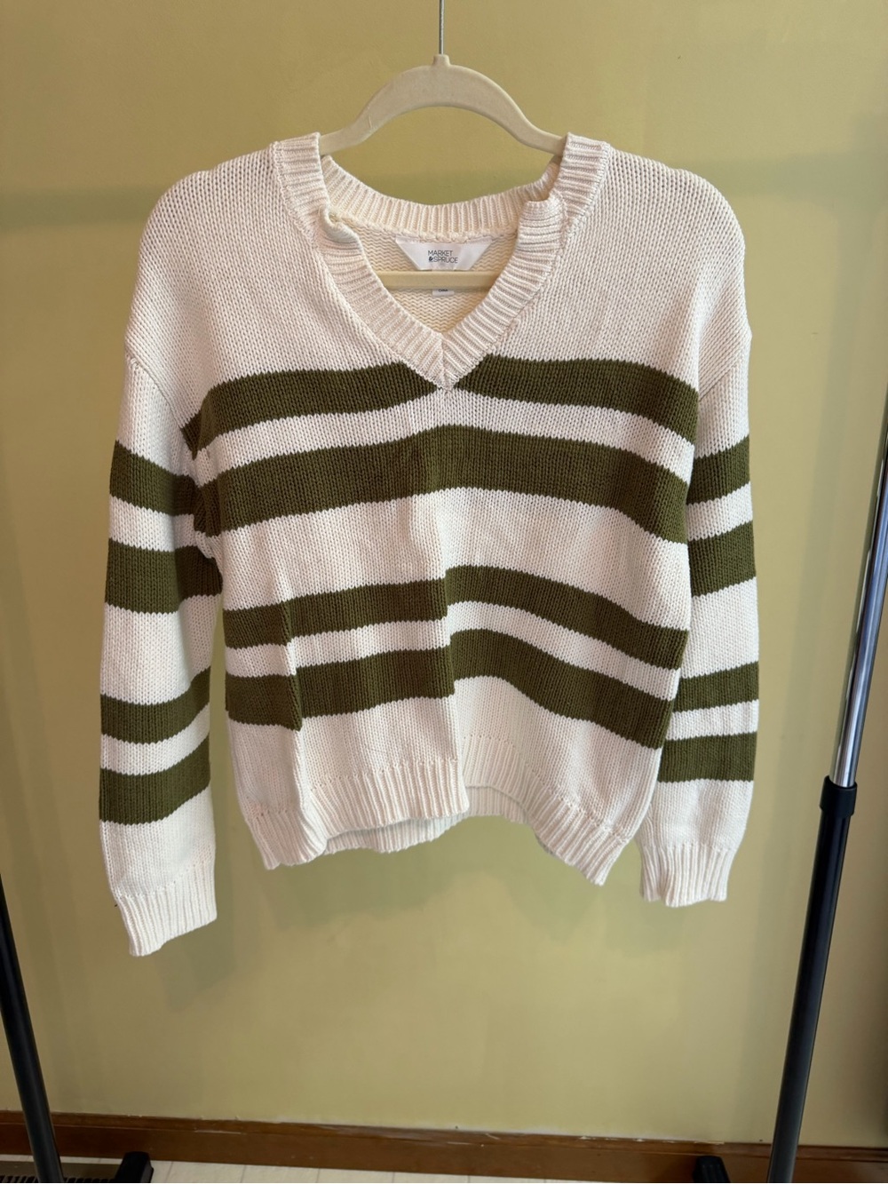 Market & Spruce Olive Green and Cream V-Neck Striped Sweater